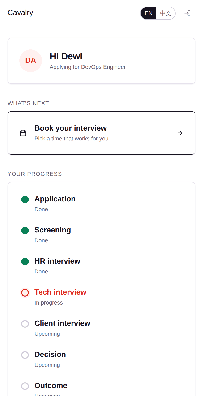 Cavalry Hiring product preview: the mobile candidate portal showing interview progress and a booking prompt.