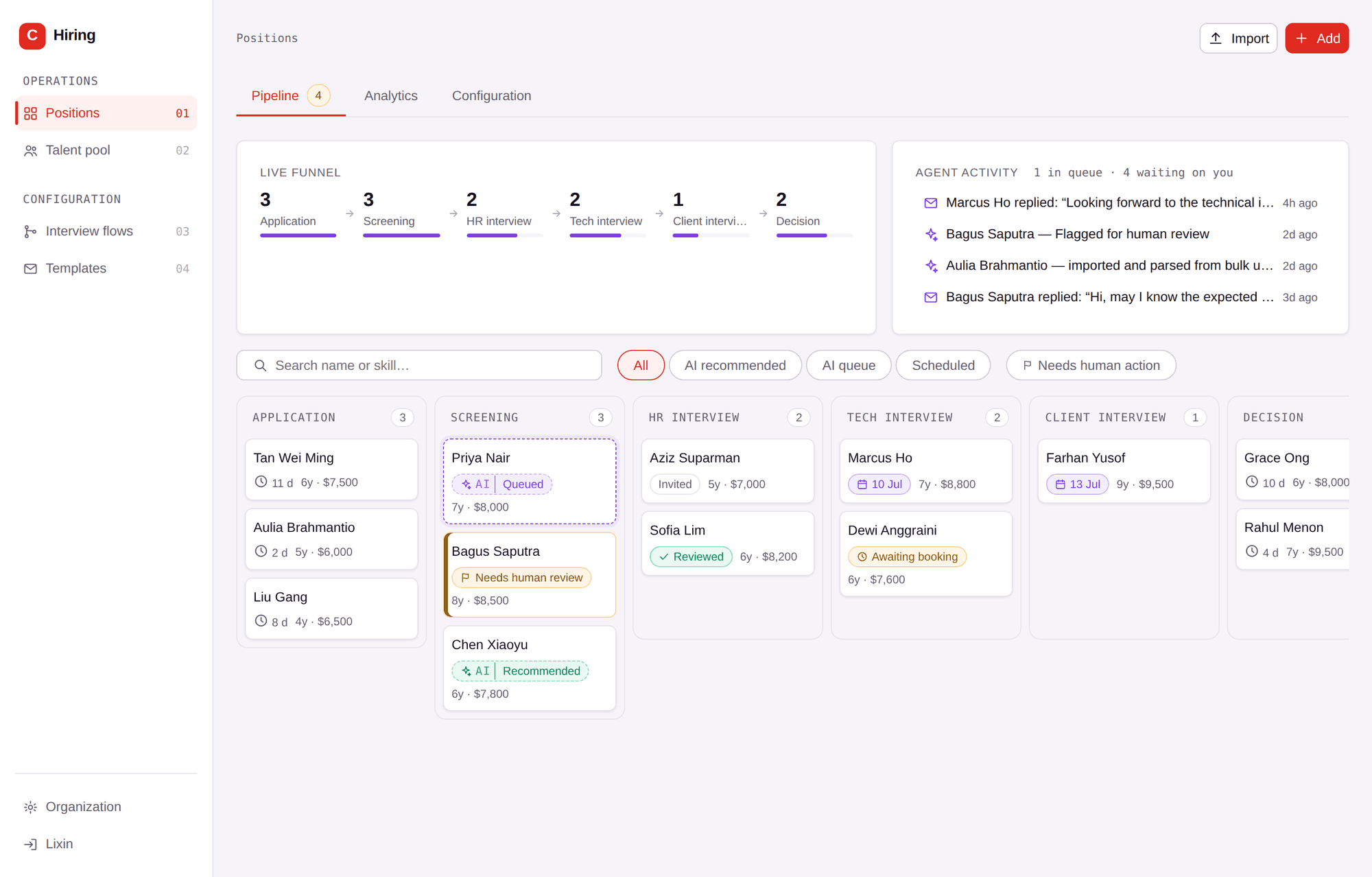 Cavalry Hiring product preview: the pipeline board with a live funnel, AI screening statuses on candidate cards, and an agent activity feed.
