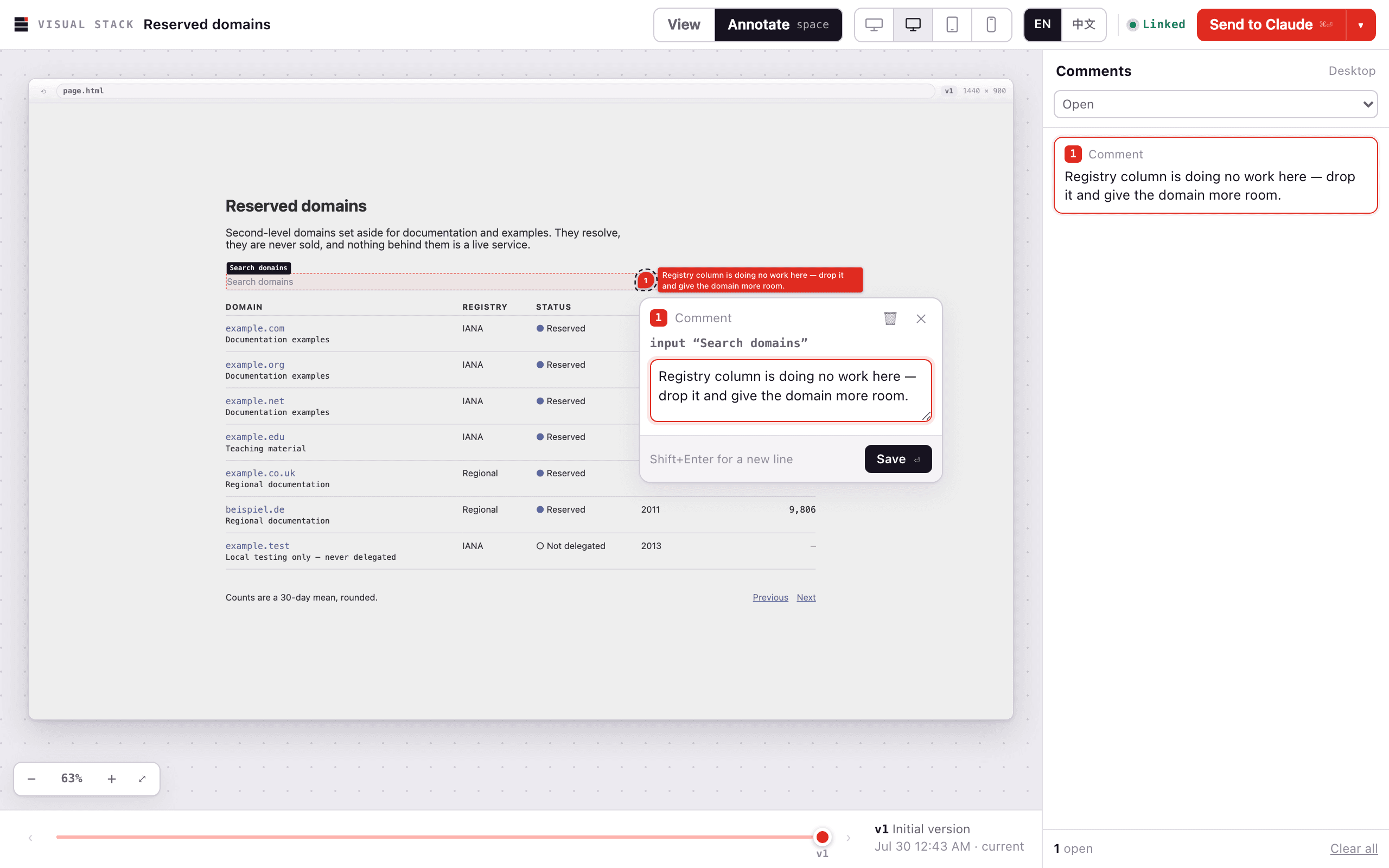 The review workspace: a comment opened directly on the page under review.